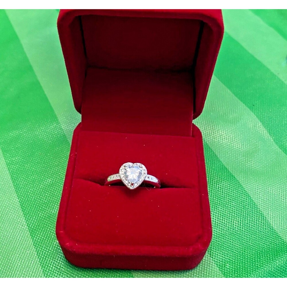 Silver Tone Heart Ring Size 6 Clear CZ Halo Engagement Style